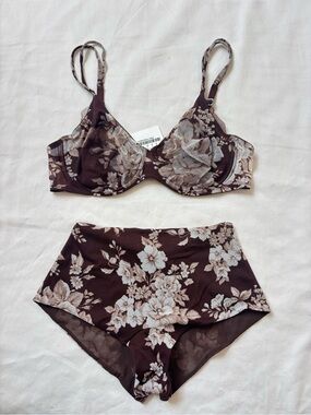 Vintage La Perla Brown Floral Underwire Bra & High-Waist Brief Lingerie Set